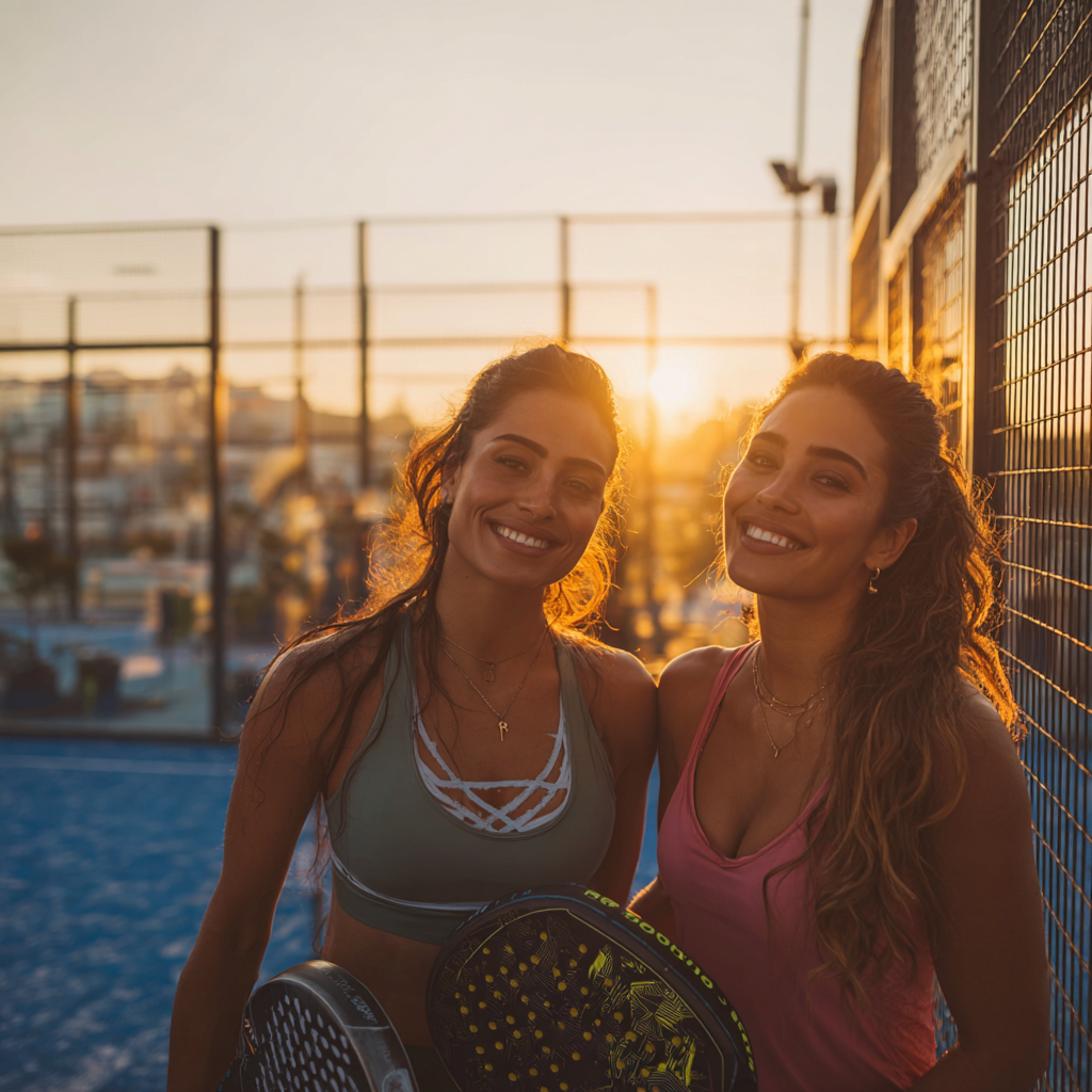 Two smiling women with padel rackets on a court at sunset