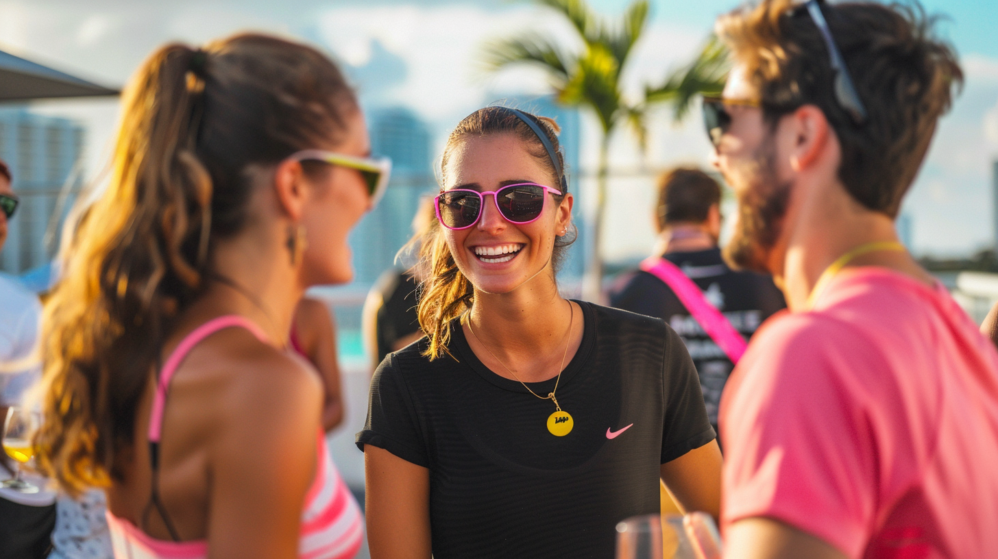 Smiling coworkers enjoying a sunny Miami rooftop padel event