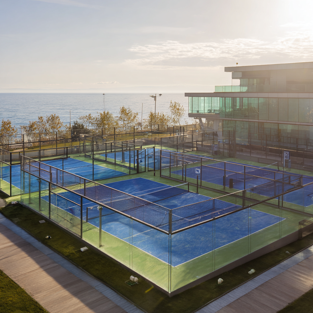 Aerial view of multiple padel courts by the sea and a modern building