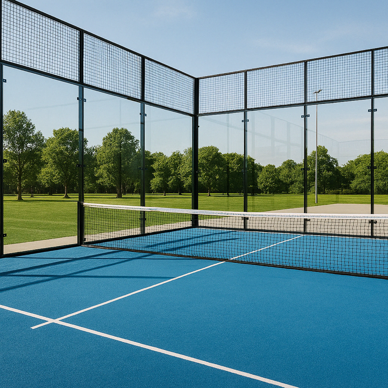 Blue padel court with glass walls in a park setting