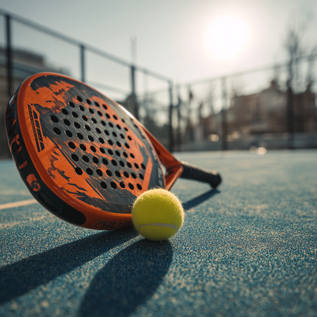 Padel racket and ball on a blue court surface