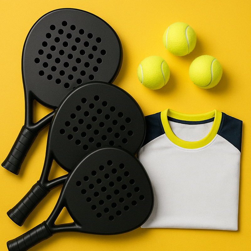Padel rackets, balls and apparel on yellow background