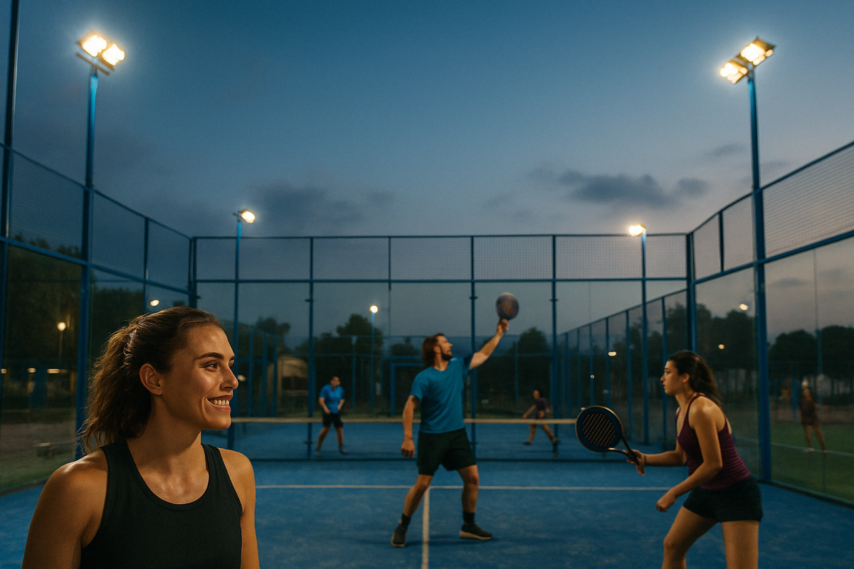 Padel players enjoying a game at dusk
