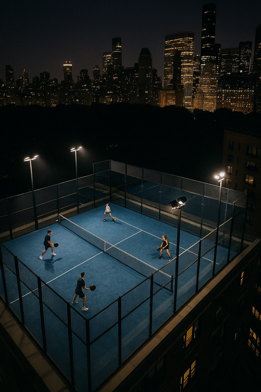 Rooftop padel court at night with city skyline